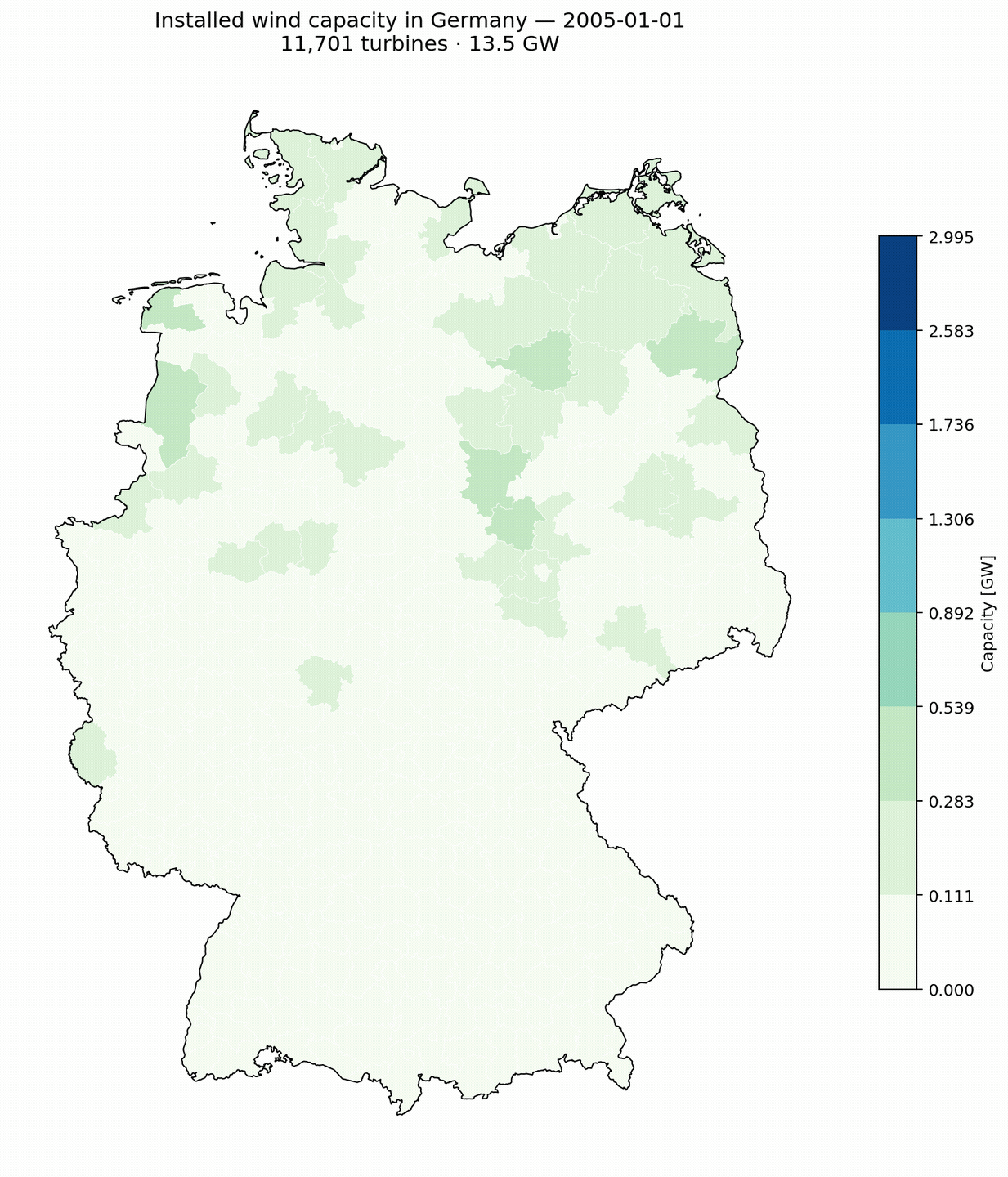 Wind capacity 2005 to 2028 (incl. planned pipeline) animation