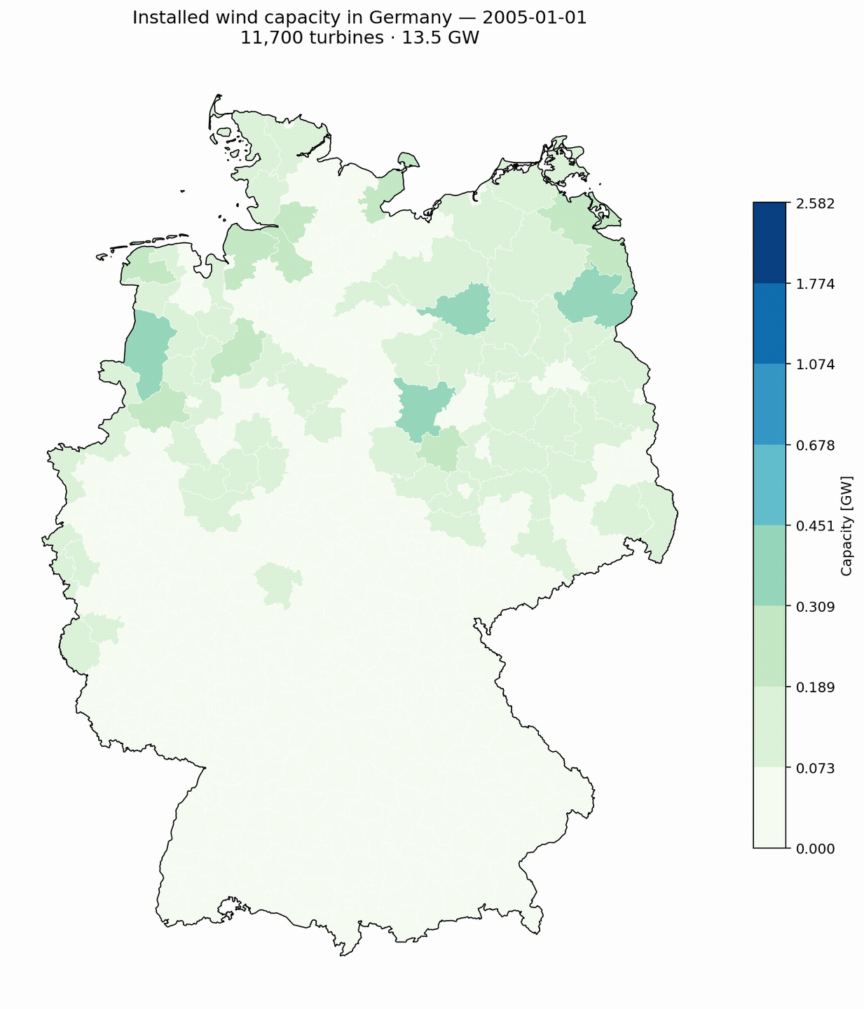 Wind capacity 2005 to May 2026 animation